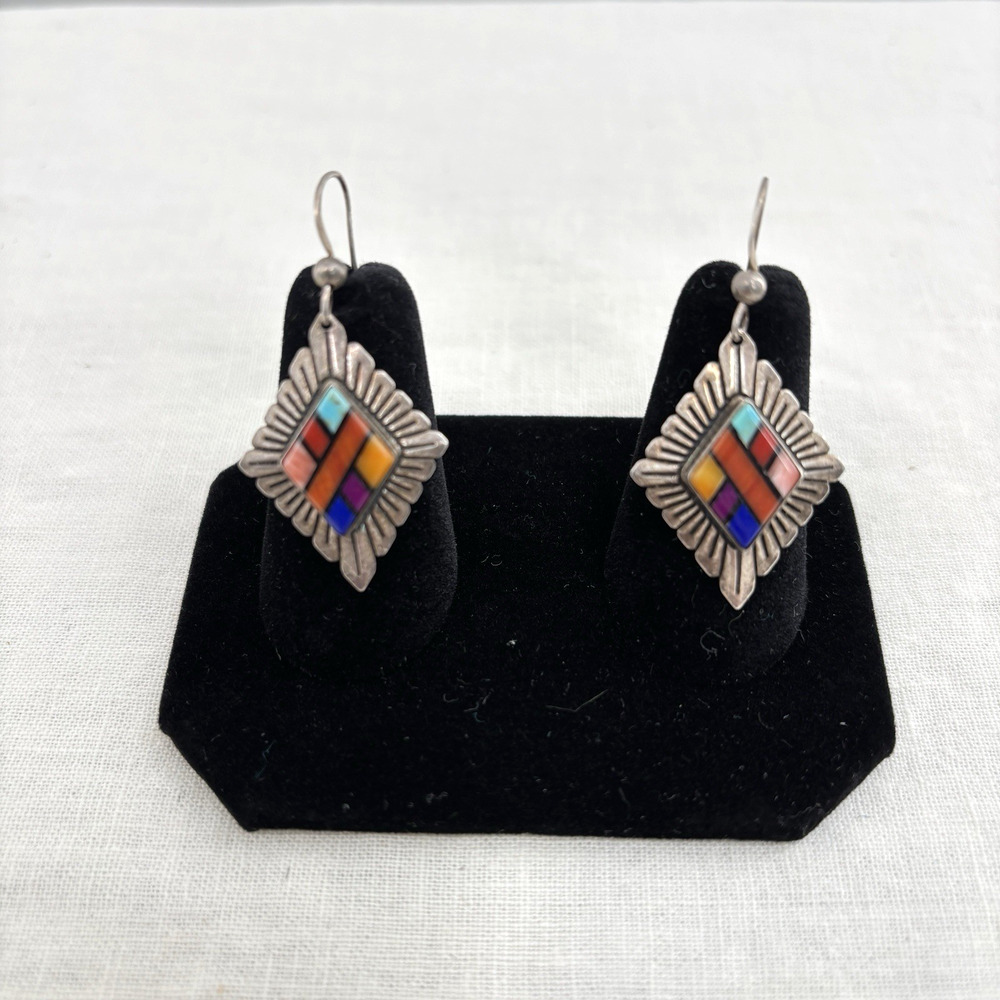Vtg QT Quoc Earrings Sterling Silver .925 Turquoise Inlay Southwestern Signed M